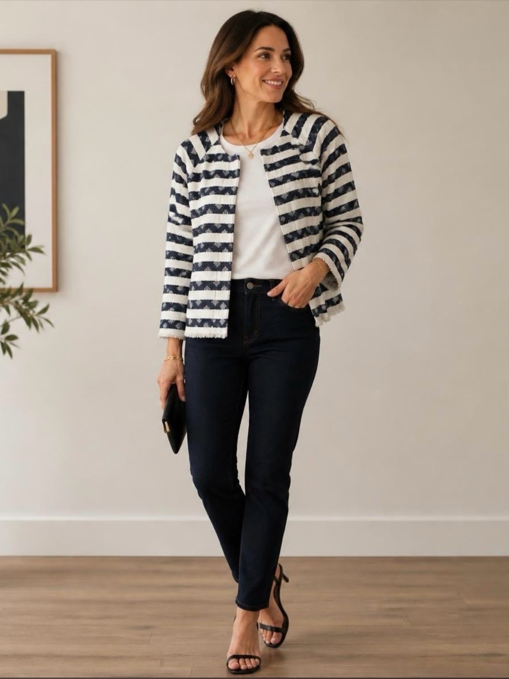 CJ Banks Navy and White Striped Fringe Hem Chanel Jacket